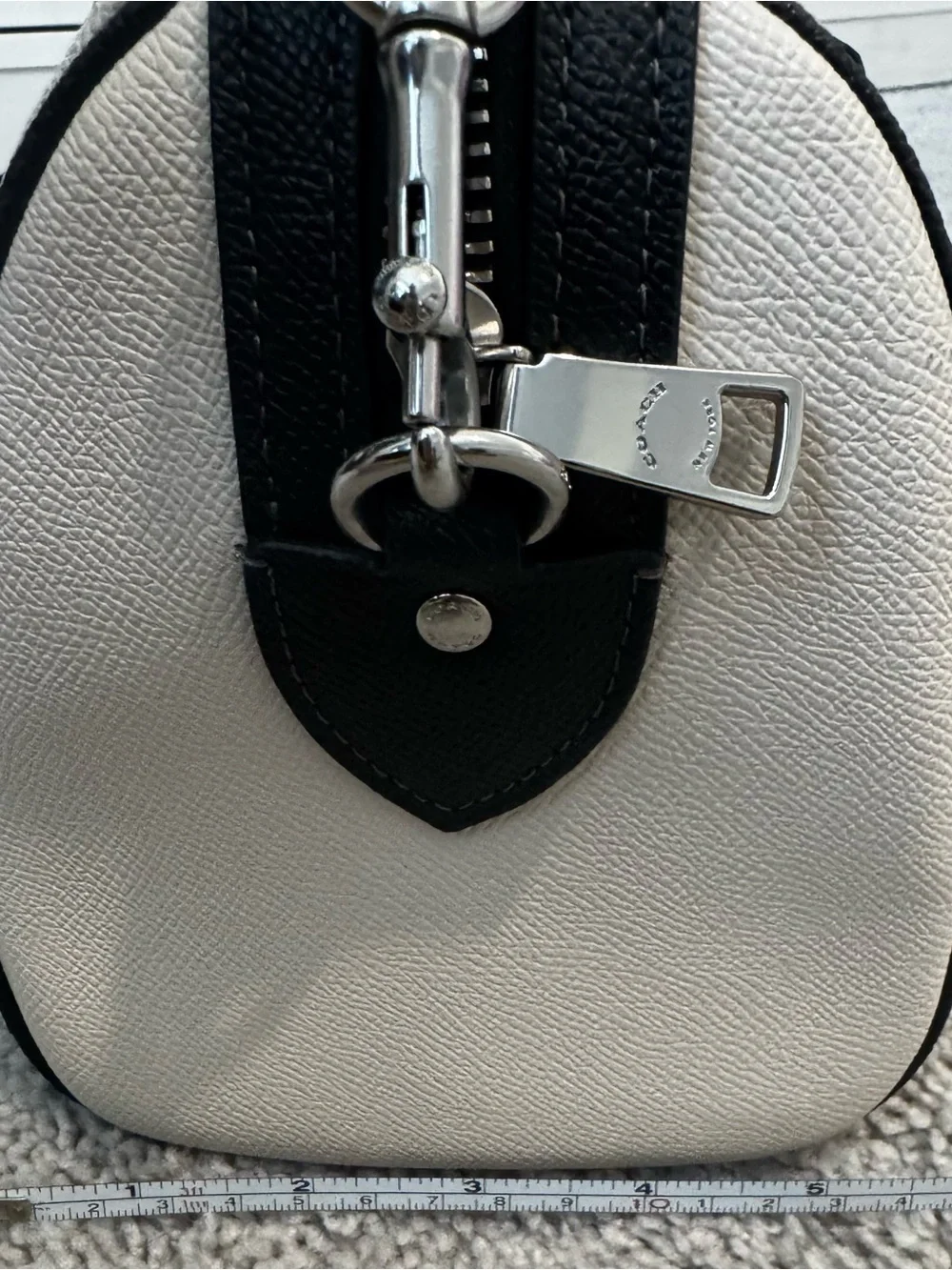 Coach White Pebbled Leather Satchel with Black Trim and Silver Hardware